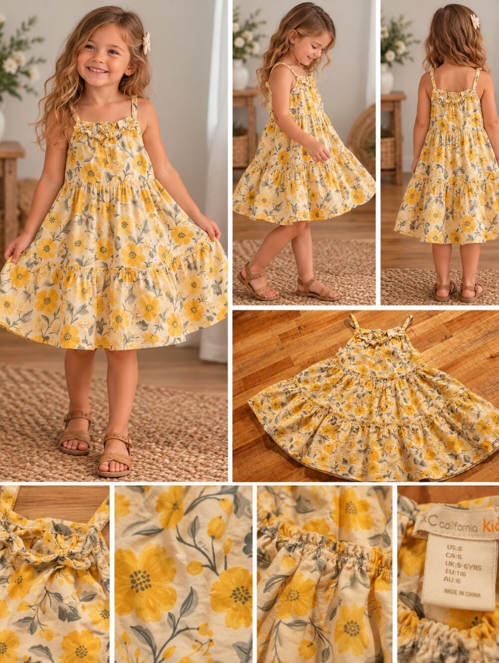 California Kids Yellow Floral Tiered Sundress – Girls Size 6 🌼